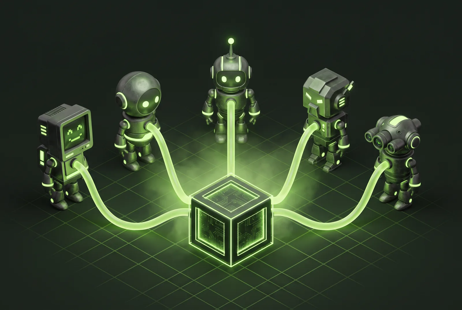 Five robot agents connected by glowing cables to a central cube