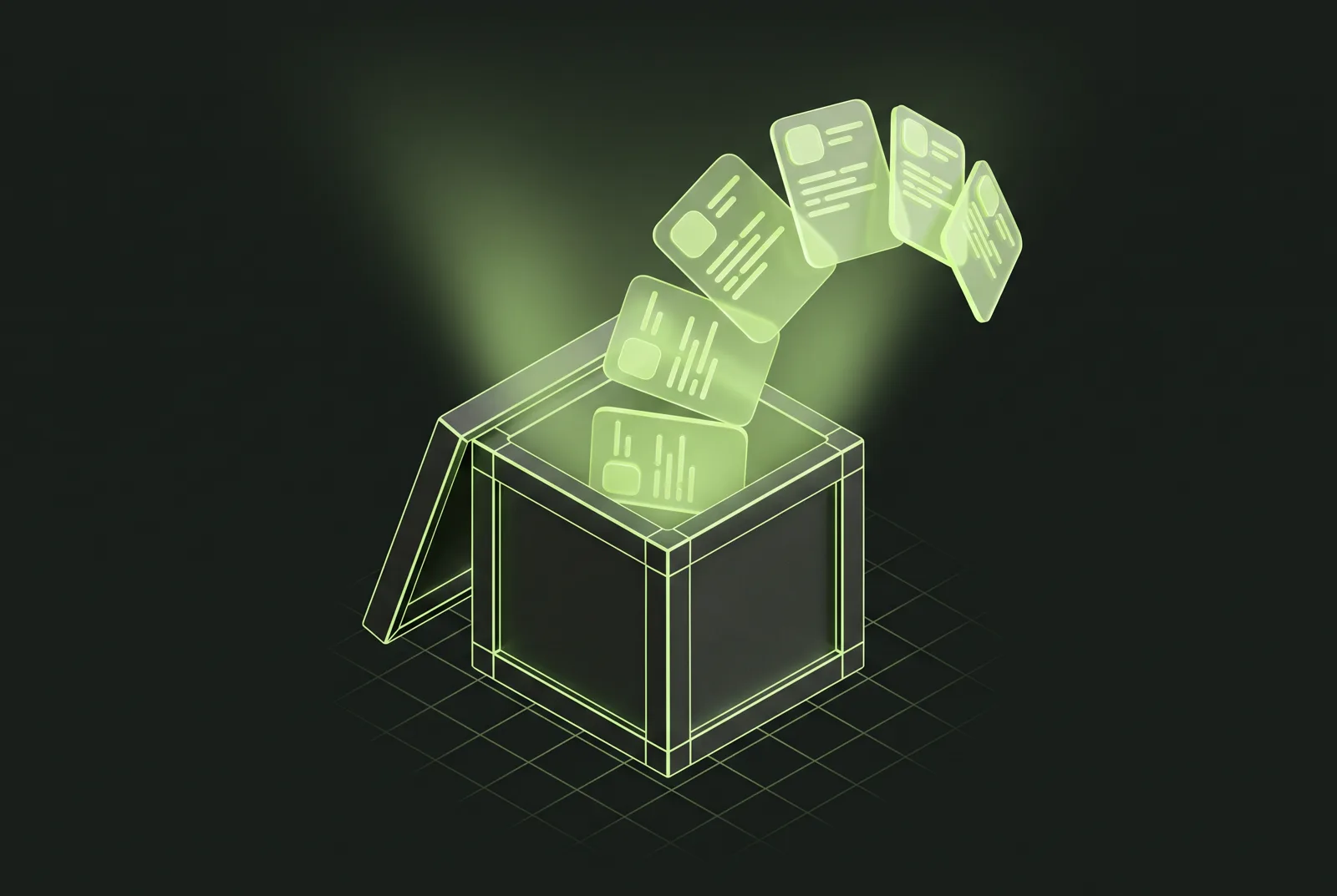 A dark crate with glowing skill cards floating out of it