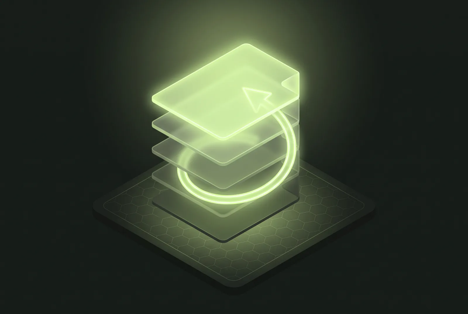 A stack of translucent versioned layers with a restore arrow