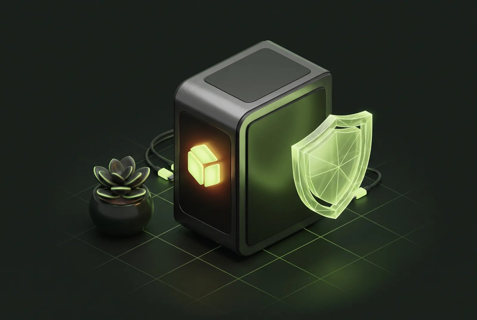 A cozy mini server with a glowing shield and a plant